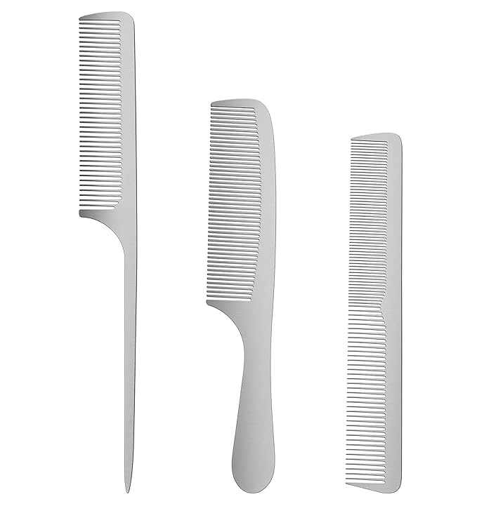 Metal Comb Set, 3Pcs Stainless Steel Fine Tooth Comb Thin Combs for Beard & Hair Care, Professional Barber Combs Set Unbreakable Teeth Design Anti-Static Heat Resistant, Suitable for Men Women