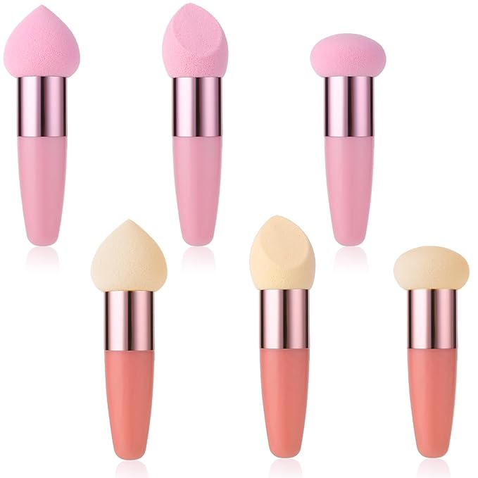 Sibba Makeup Sponge Holder Powders Puff 6 PCS Cosmetic Blending Applicator Mushrooms Foundation Brushes Facials Cream Handle Brush Cosmetic Head Small Blusher Make Up Set Concealer Color