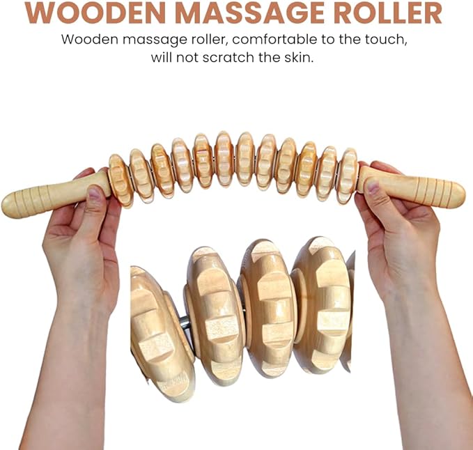 Wooden Massage Roller Stick with Triangle Massager, 12 Rollers Curved Wood Therapy-Massage Tool for Cellulite Reduction and Muscle Tension, 16.9inch
