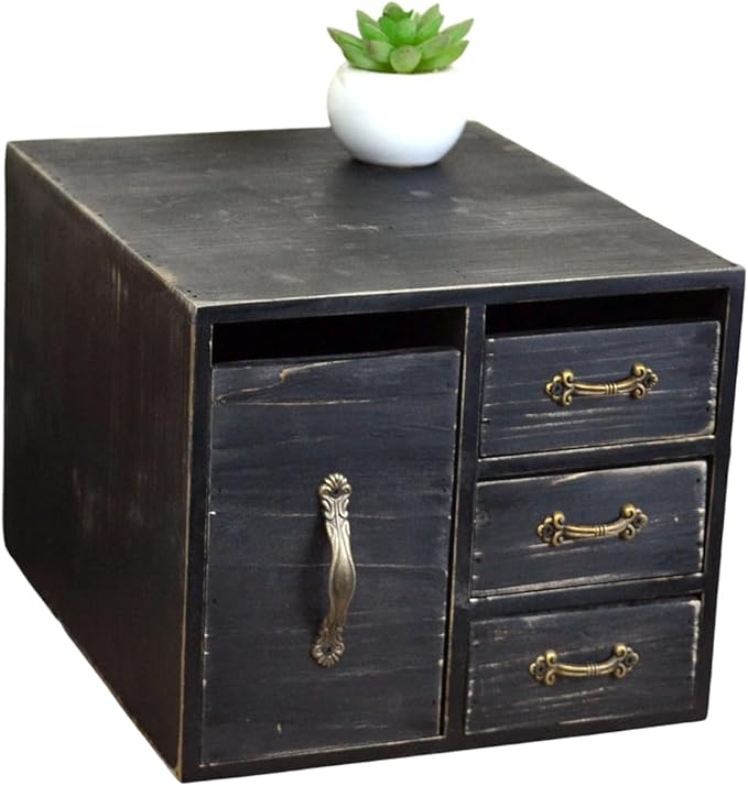 Rustic Beauty Organizer 4 Drawers - kitchen storage Wooden Cosmetic Storage Box for Neat & Home Office Desk &Organize &Storing of Makeup Tools,Bathroom Counter-top(Black, L)