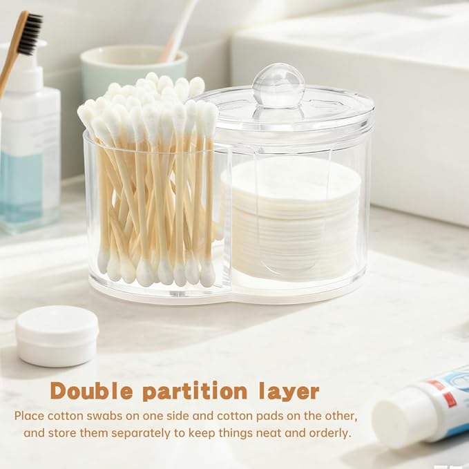 Q Tip Holder, 2-Grid Acrylic Cotton Swab & Cotton Pad Holder, 2 PCS Qtip Holder with Dustproof Lid for Bathroom,With 2 Pack of Qtips, Dressing Table Round Container