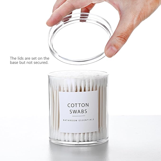 SheeChung 2-Pack Stackable Clear Qtip Holder - 10oz Crystal Apothecary Jars with Storage Lids - Clear Plastic Bathroom Countertop Organizer for Cotton Balls, Swabs, Pads - Pinterest Style Decor