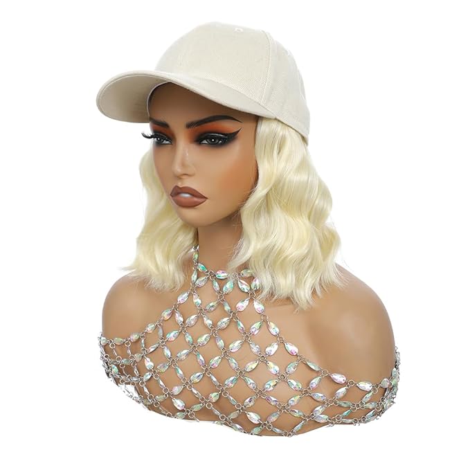 GUOJIAN Hat Wigs for Women 6' Short Wave Baseball Cap Wigs with Curly Hair Extensions Synthetic Wave Wig Adjustable Hat with Hair Attached for Daily Use (W60, 6inch)
