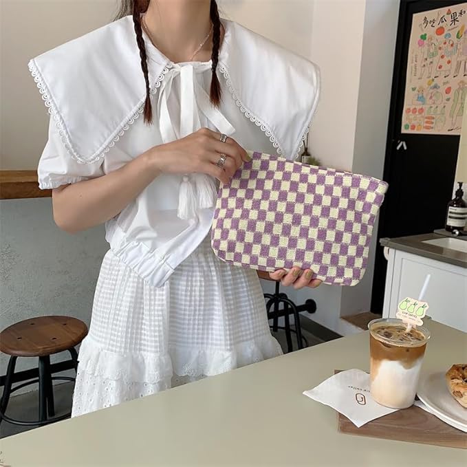 2 Pieces Makeup Bag Set, Small Checkered Cosmetic Bag Travel Toiletry Organizer Mini Purple Cosmetic Pouch Case Makeup Brushes Quilted Aesthetic Accessories Storage Bag for Women (Large+Mini Purple)