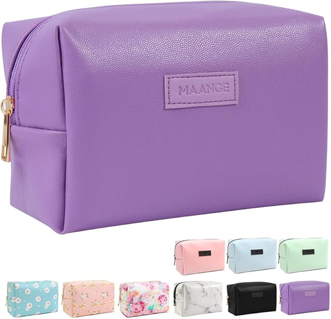 MAANGE Small Makeup Bag For Purse, Travel Cosmetic Bag Makeup Pouch PU Leather Portable Versatile Zipper Pouch For Women (Purple)