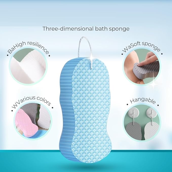 4Pcs Magic Exfoliating Bath Sponge,3D Super Soft Exfoliating Bath Sponge,Softens When in Contact with Water and can be reused.(Blue+Pink+Gray+White)