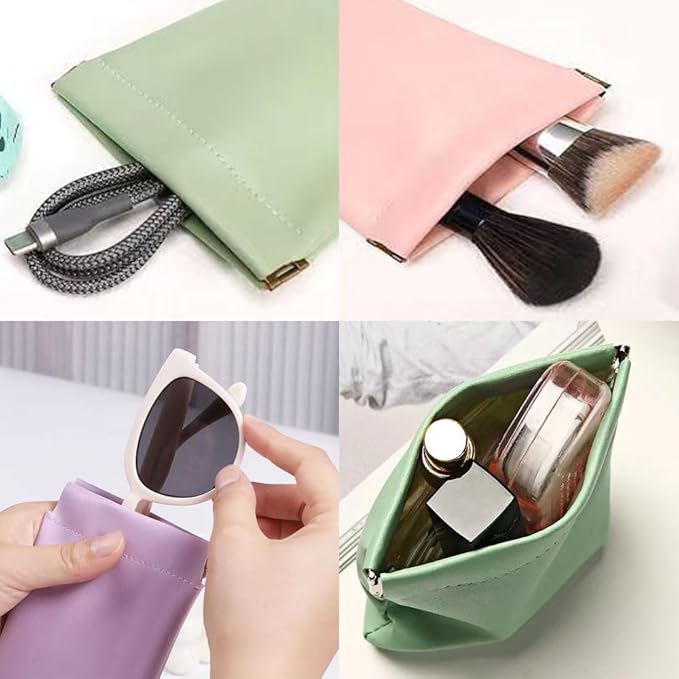 6 Pcs Small Makeup Bag for Purse, Snap Closure Organizer Pouch, Portable No Zipper Self-Closing Pouches for Travel Storage Bag Mini Pu Leather Pouches For Cosmetics Headphones Jewelry (Purple)