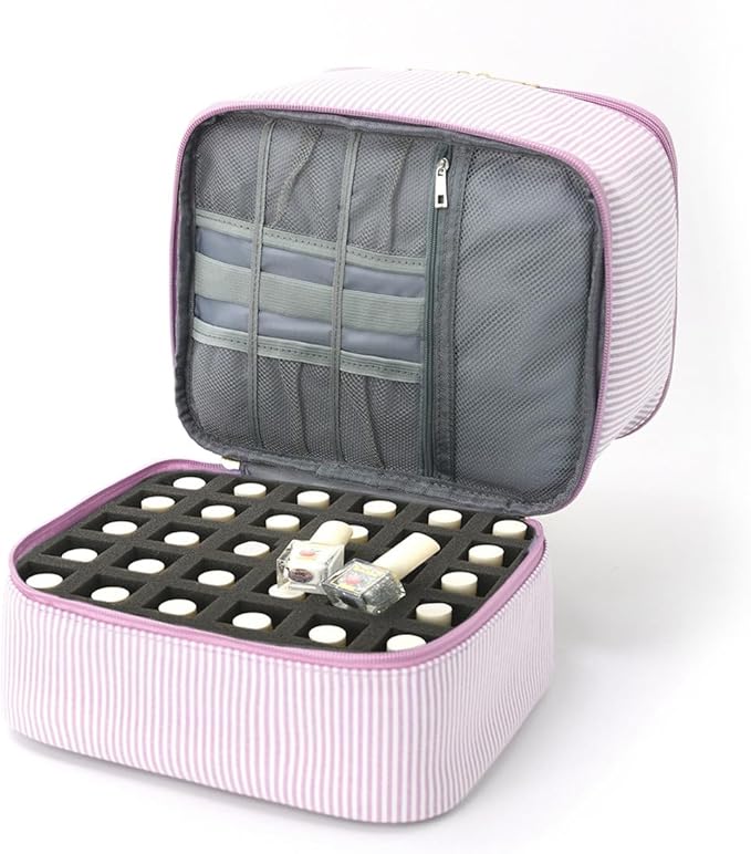 hibear Nail Supplies Organizer Nail Polish Storage Holds 30 BottlesNail Polish Storage Holds 30 Bottles Nail Kit Case Makeup Bag Vanity Case for Women (Striped pink)
