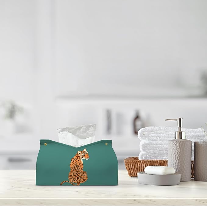 Green Tiger Leather Tissue Box Cover Rectangle,Vintage Tiger Decor Toilet Paper Box Holder,Decorative Facial Paper Case for Farmhouse Living Room Bathroom Kitchen Office Desk,9.8x5.9x5.9In