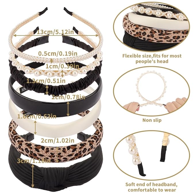 AHONEY 7 Pack Black Headbands for Women Cheetah Print Leopard Headbands Non Slip Leather Hairbands Fashion Hair Accessories Multi-style Headband Pack Diademas Para Mujer