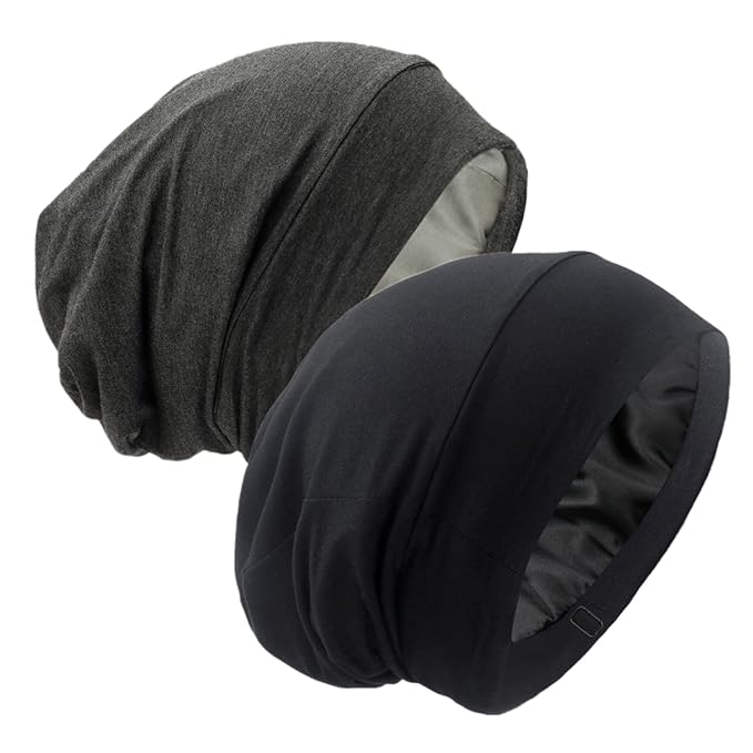 Silk Satin Lined Bonnet Sleep Cap - Adjustable Stay on All Night Hair Wrap Cover Slouchy Beanie for Curly Hair Protection for Women and Men - Black & Dark Grey