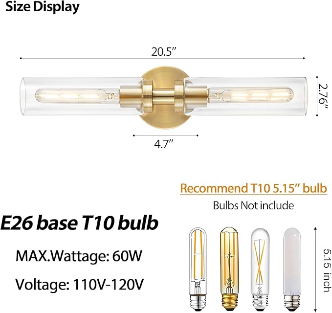 2-Light Brushed Brass Gold Bathroom Light Fixtures Over Mirror Modern Vanity Light Wall Lighting with Clear Glass Shade for Bathroom, Bedroom, Hallway, Cabinet