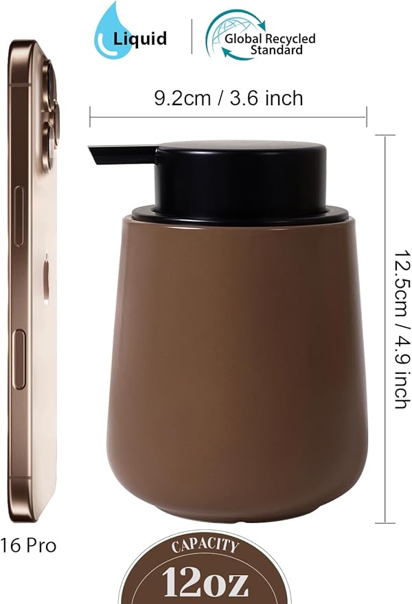 INGOFIN Ceramic Lotion Dispenser - 12 oz Hand Soap Dispenser Bathroom, Modern Liquid Dispenser with Pump, Refillable Dish Soap Bottle for Kitchen, Matte Brown