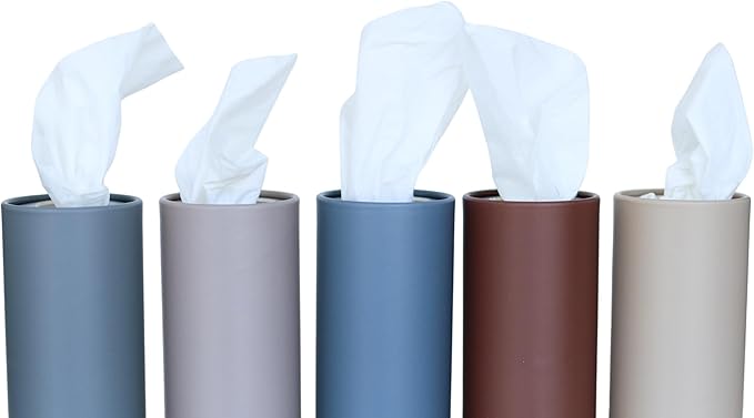 Cylinder Car Facial Tissue Holder, 5 Pack, 50 Tissues Per Cylinder, with Easy Open Lid, 3-Ply Tissues for Your car, Home and Office. Geometric Patterns (Matte Palette)