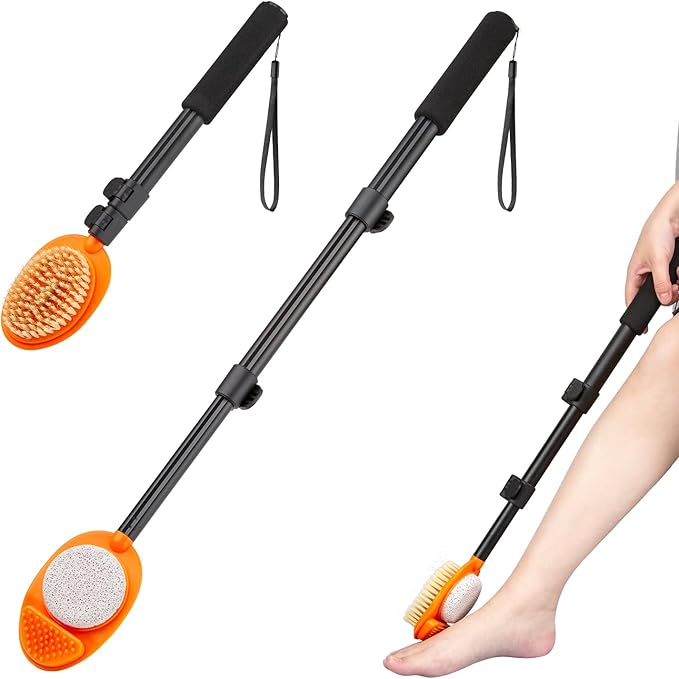 Foot Scrubber with Pumice Stone, 3 in 1 Adjustable Aluminum Tube 15”-28” Shower feet Dead Skin Remover, Foot Cleaning Brush for Seniors,Elderly, Disabled Men and Women