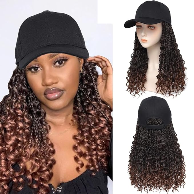 GUOJIAN Goddess Box Braiding Baseball Cap Wig Bohemian Curly Ends Box Braids Hat with Braided Hair Extensions for Black White Women Synthetic Braids Hat Wig with Hair Attached (16inch, T30)