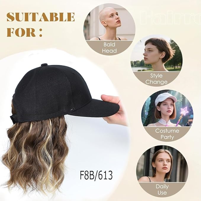 GUOJIAN Hat Wigs for Women 6' Short Wave Baseball Cap Wigs with Curly Hair Extensions Synthetic Wave Wig Adjustable Hat with Hair Attached for Daily Use (8B/613, 6inch)