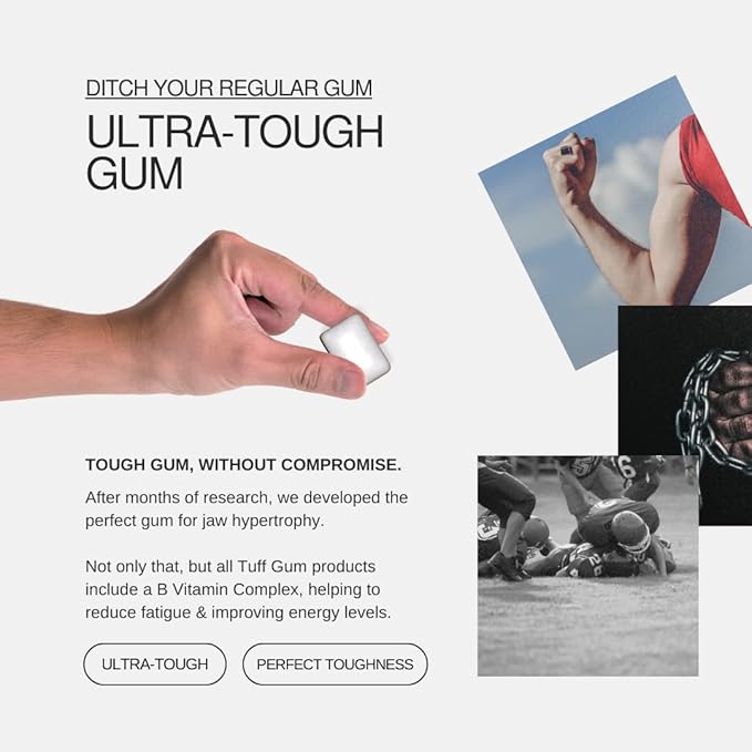 ROCKJAW® Tuff Gum | Ultra-Hard Jawline Chewing Gum for a Sharper Jawline | Vitamin B3, B5, B6 & B12 | 1350mg Xylitol | Sugar-Free | Aspartame-Free | 60 Pieces | Smooth Spearmint