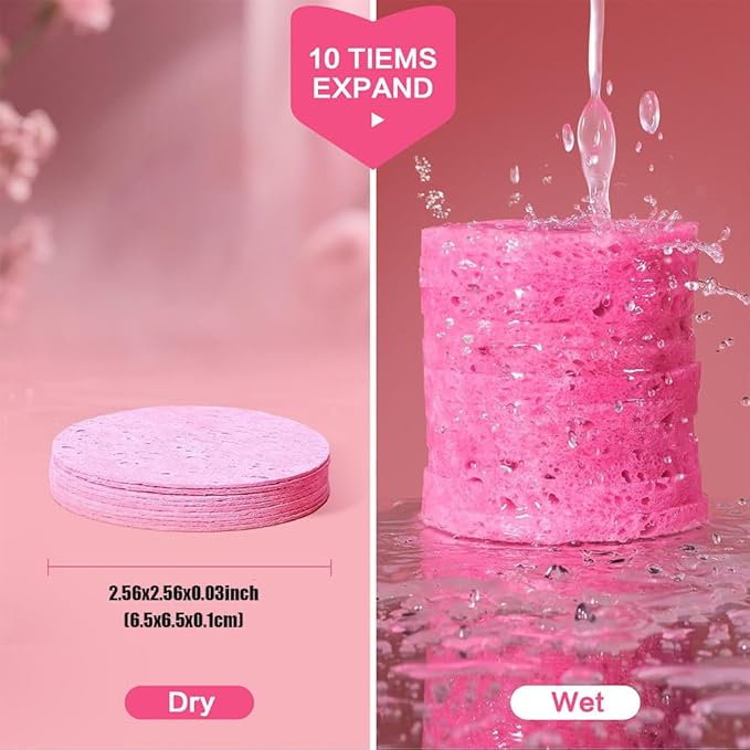 60-Count Compressed Facial Sponges Natural Cellulose - Reusable Professional Face Sponge for Cleansing, Exfoliating & Makeup Removal, Gentle Spa Skincare Tools for Travel Home Bath (pink)