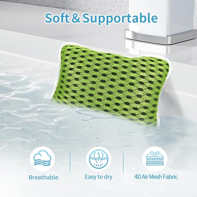 Luxury Bath Pillows for Tub, Slip Resistant Waterproof Bath Pillows for Tub Neck and Back Support with 2 Strong Suction Cups, Relaxing Spa Essentials (Green)