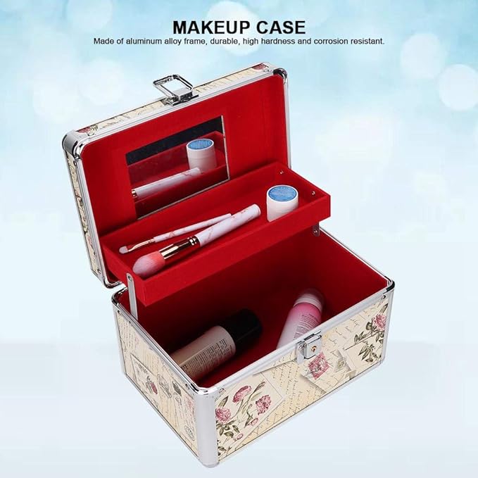 Makeup Case with Mirror, Professional Aluminum Makeup Storage Box, Portable Small Cosmetic Case for Beauty Artists, Travel Cosmetic Train Case Organizer with Dividers and Tool Panel for Brushes