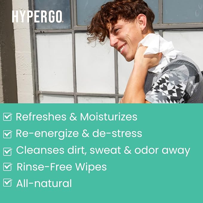 HyperGo XL Body Wipes for Women & Men – 12" x12" Rinse-Free Full Body Cleansing Wipes 20 Count Pack - Mint | Biodegradable, Hypoallergenic, Aloe-Infused | Gym, Festival, Camping Essentials