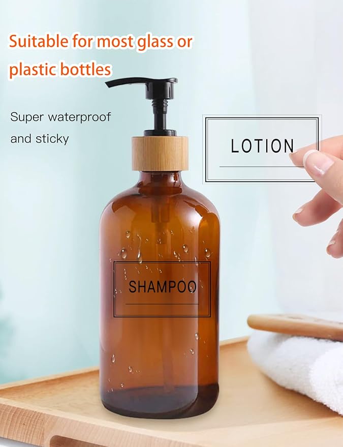48PCS Clear Waterproof Labels for Bottles, Shampoo and Conditioner Dispenser Label,Transparent Soap and Lotion Stickers for Bathroom Organization (Black on Clear)