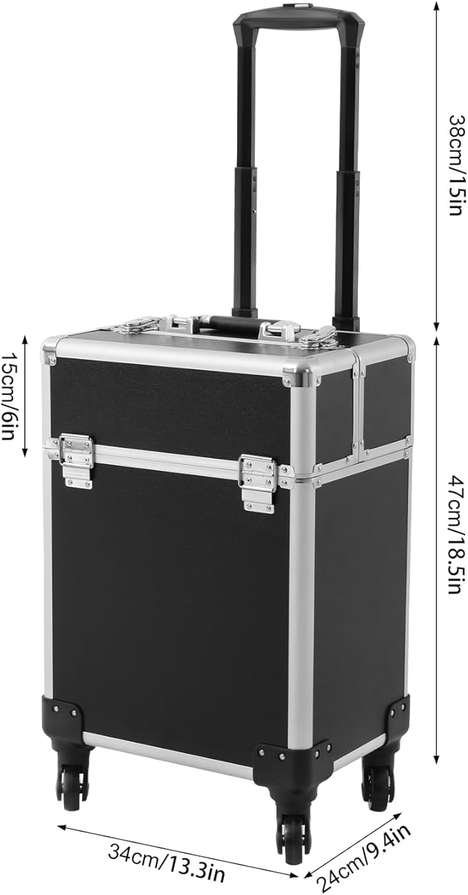 Professional Rolling Makeup Case with Retractable Handle, Aluminum Alloy Cosmetic Organizer with Locks & Wheels, Large Capacity Beauty Travel Case for Makeup Artists, Black