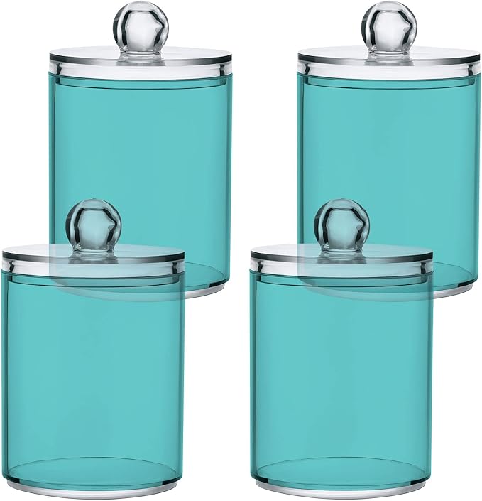 Pale Turquoise Qtip Holder Organizer Dispenser Cotton Swabs Cans Plastic Jars with Lid Set 4 Pack Bathroom Storage Canister for Cotton Ball Floss Cotton Pads