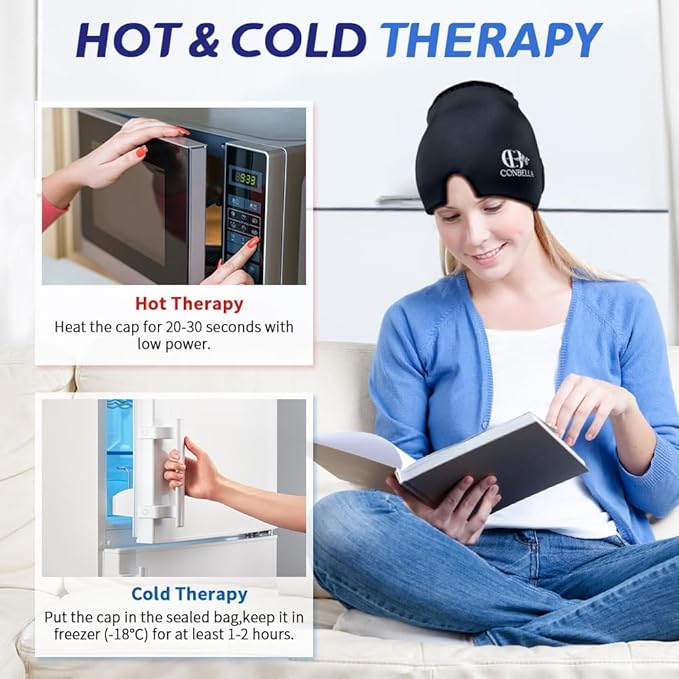 Migraine Relief Cap, Soothing Headache Ice Face Mask Products, Hot and Cold Therapy, Migraine Headache Relief Cap for Migraine, Sinus, Puffy Eyes, Tension, Stress and Hangover(Black)