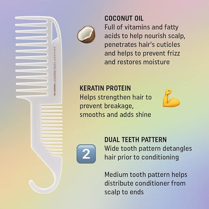 Cricket Ultra Smooth Conditioning Coconut Shower Comb for Wet, Dry Hair Anti-Frizz Detangler with Keratin Protein Infused Plastic