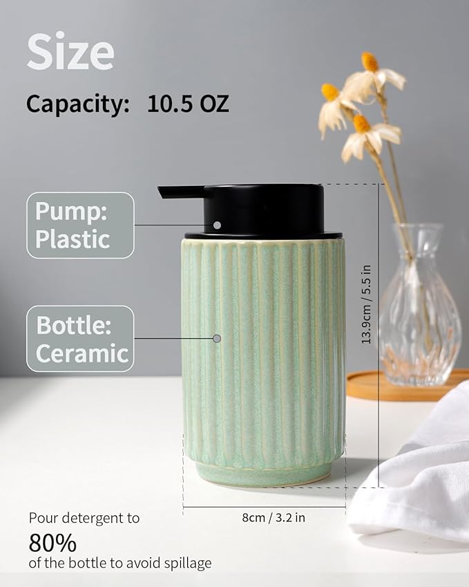 Soap Dispenser, Green Ceramic Refillable Liquid Hand Soap Pump for Bathroom Kitchen, 10.5OZ Lotion Dispenser, Dish Soap Dispenser, Modern Stripe Design, ANTIS'S HOME