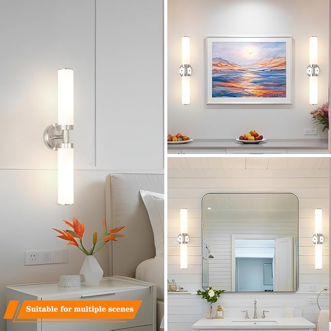 Brushed Nickel Wall Sconces Set of 2, Modern Bathroom Vanity Lights for Mirror, Wall Light Fixtures with Milk Glass for Bathroom, Bedroom, Hallway, E26 Base, Bulbs Required, 22.05 Inch