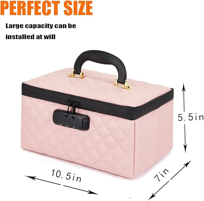 Portable makeup box with Lock, Large Capacity Travel Makeup Case Organizer, Makeup Bags for Girls Traveling With Handle and Divider Makeup Bag (Pink)