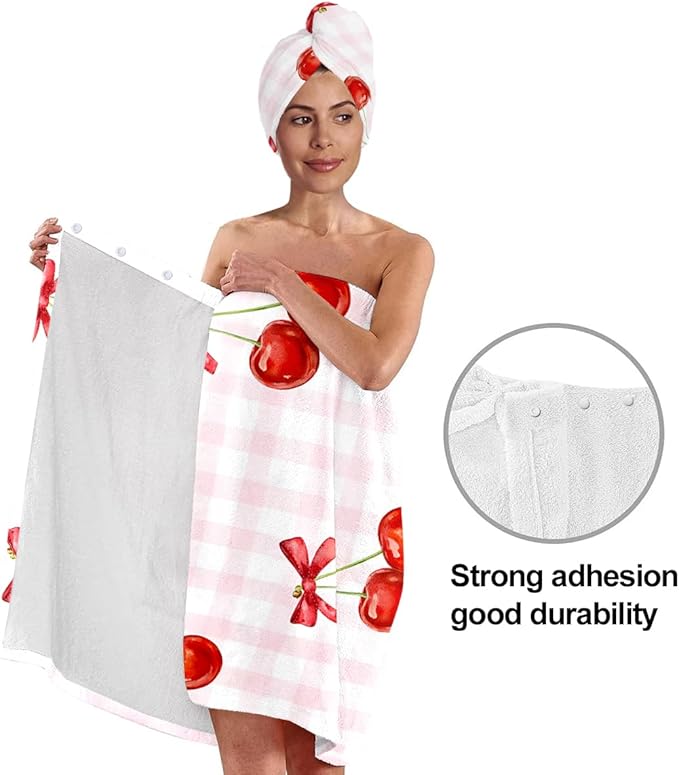 Cherry Bath Wrap with Hair Drying Turban, Pink Plaid Microfiber Shower Skirt Set, Quick Dry Spa Wrap Towel for Women Girls Dorm Home (Cherry 4)