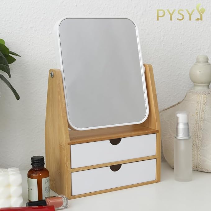 1x / 5X Magnifying Makeup Mirror, Jewelry and Cosmetics Storage Box with Double Drawers, Adjustable Natural Bamboo Stand, 360° rotatable Vertical Desktop Mirror (1, Rectangle)
