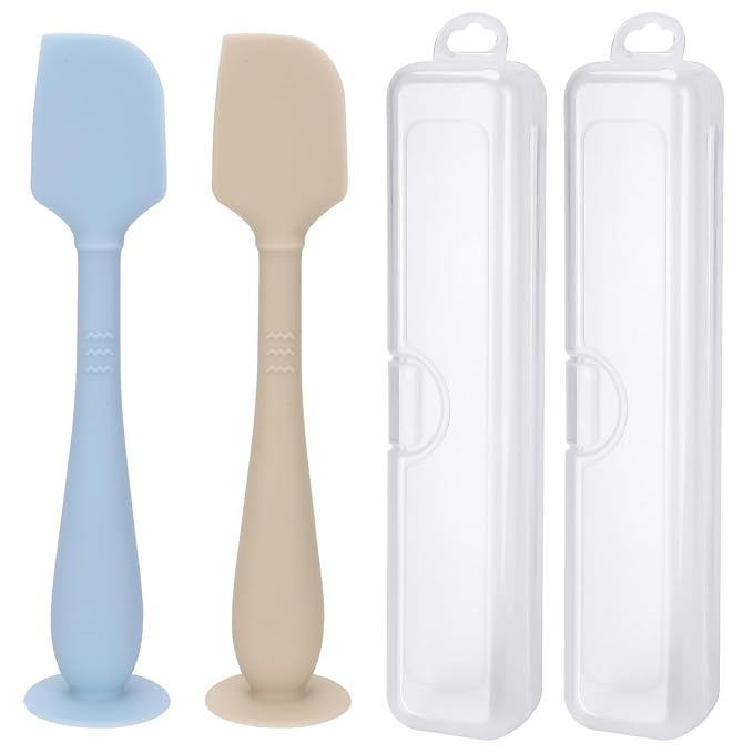 2 Pack Diaper Cream Spatula with Hygienic Travel Case, Butt Spatula Baby with Suction Base, Baby Butt Paste Spatula, Soft Silicone Diaper Rash Cream Applicator Large Size (Blue & Offwhite)