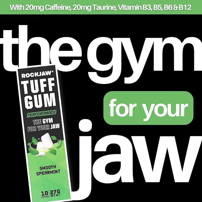 ROCKJAW® Hard Jawline Gum - Tuff Gum 2.0 with 20mg Caffeine, Taurine + B Vitamins - 10 Pack (Smooth Spearmint)