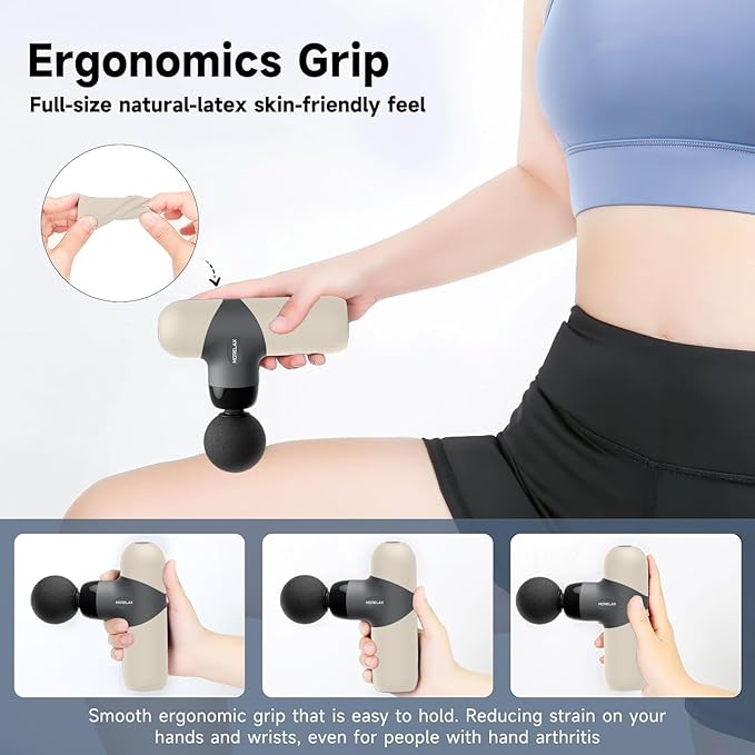Morelax Mini Massage Gun Portable Deep Tissue Muscle Percussion Massager, Electric Handheld Sport Massager with 6 Massage Heads 4 Speed, Best Gift (Almond)