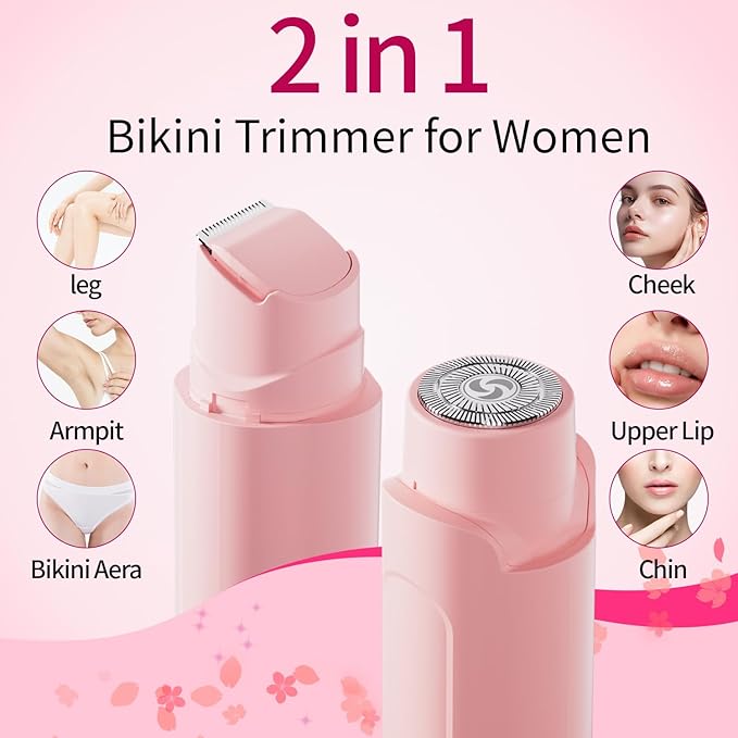 Bikini Trimmer for Women - 2 in 1 Women Electric Razor, Rechargeable Body Hair Trimmer and Facial Hair Remover, IPX7 Waterproof Wet & Dry Use Womens Electric Shaver for Bikini Underarm Leg Arm Body