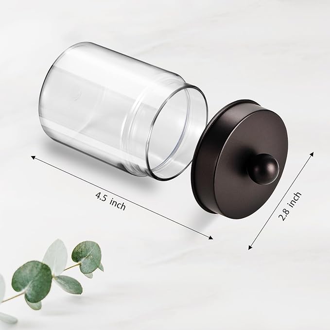 Amolliar Farmhouse Decor Qtip Holder Dispenser for Cotton Swabs,Balls, Cotton Pads, Floss - Clear Plastic Apothecary Jar for Bathroom Canister Storage, Vanity Countertop Makeup Organizer-Bronze (4)