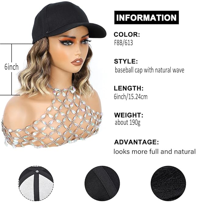 GUOJIAN Hat Wigs for Women 6' Short Wave Baseball Cap Wigs with Curly Hair Extensions Synthetic Wave Wig Adjustable Hat with Hair Attached for Daily Use (8B/613, 6inch)