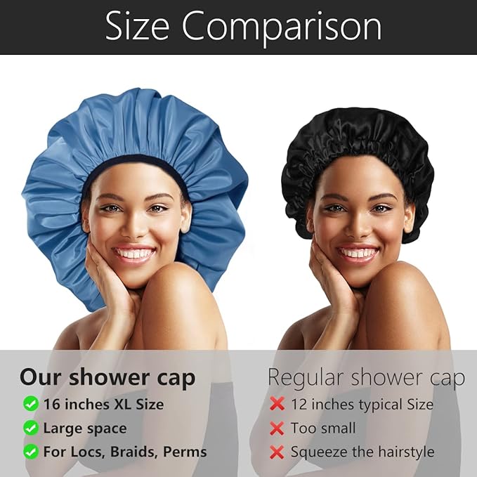 Auban Extra Large Shower Cap, Double-Layer Waterproof Reusable Satin Lining XL Shower Bonnet for Women Long Hair, Braids, Locs, perms
