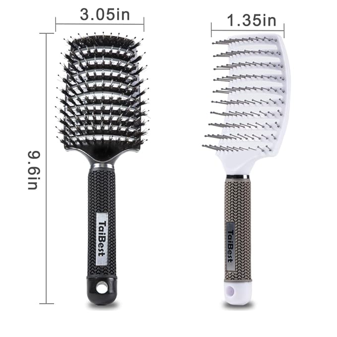 Boar Bristle Hair Brush Set - Dry/Wet Hair Brushes Detangler for Fine, Thick, Curly Hair - Curved and Vented Hair Brush for Women, Men or Kids