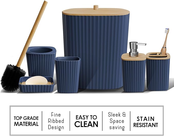 Clara Clark Bathroom Set - Navy Blue Bathroom Accessories Set, 6PC Bathroom Accessory Set, Bathroom Sets with Bathroom Rugs, Toilet Brush, Trash Can & Soap Dispenser