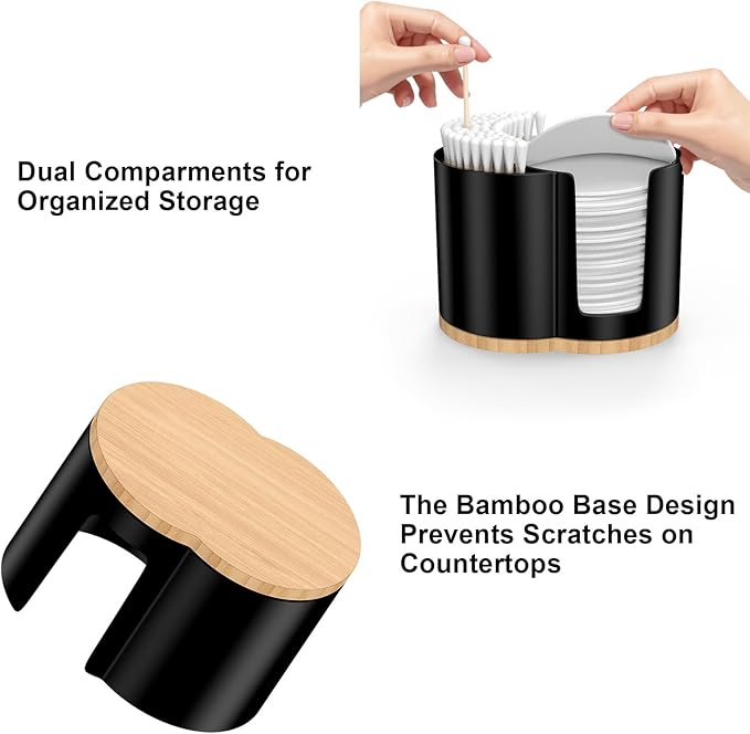 Cotton Pad and Swab Holder, Q tip Holder Round Cotton Pad Dispenser Plastic Cotton Swabs Dispenser, Bathroom Accessories Storage Organizer for Cotton Pads Floss Picks, Black