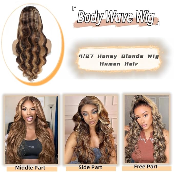 Sunelk Honey Blonde Ombre Lace Front Wig Human Hair Highlight Body Wave Lace Front Wigs Human Hair Pre Plucked 200 Density Glueless Wig 13X6 HD Lace Frontal Wig for Women 4/27 Colored 28 Inch