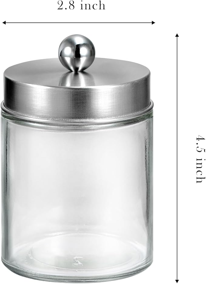 SheeChung 3-Pack Brushed Nickel Glass Apothecary Jars - Rust-Proof Stainless Steel Qtip Holder Set - Farmhouse Bathroom Vanity Organizer for Cotton Swabs, Balls, Pads - Small Storage Canisters