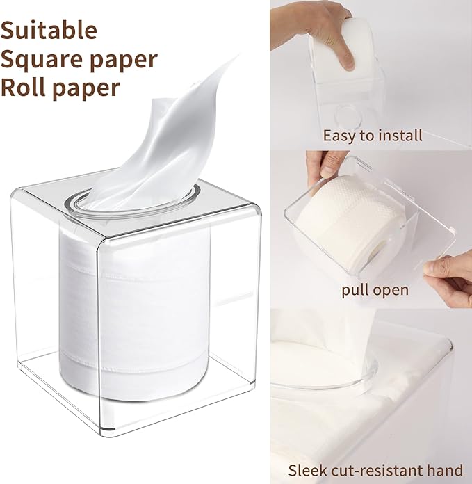Clear Acrylic Square Facial Tissue Box Holder with Cover Modern Tissue Dispenser, Cover Napkin Organizer for Dryer Sheets, Bathroom, Desks, Countertop, Vanity, Bedroom Dressers,Kitchen Office Room