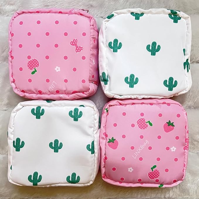 PayPie Sanitary Napkin Storage Bag, Portable Menstrual Pad Bag Tampons Collect Bags, Zipper Nursing Pad Holder Tampon Bag Sanitary Organizer for Women and Girls, 12 * 12 * 4 cm (Pink Strawberry)